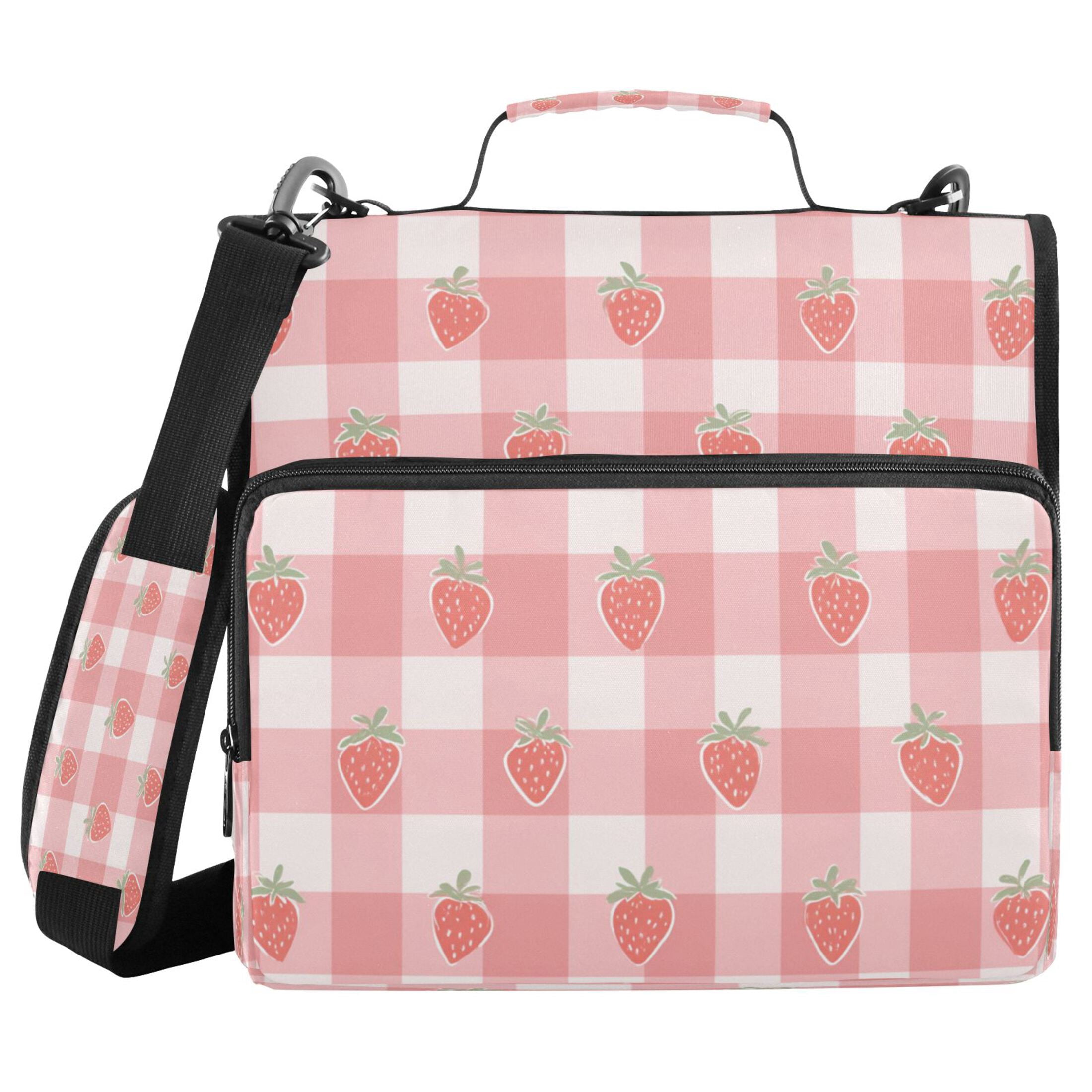 3 Ring Zipper Binder Stationery Organizer for Study Work Home Travel, All-Purpose File Folder Storage Bag for Daily Document Organization Pink Gingham Strawberry
