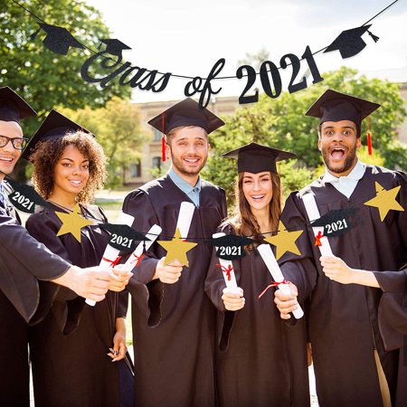 Black Glitter Class of 2021 Banner and Glitter Graduation Cap Star ...