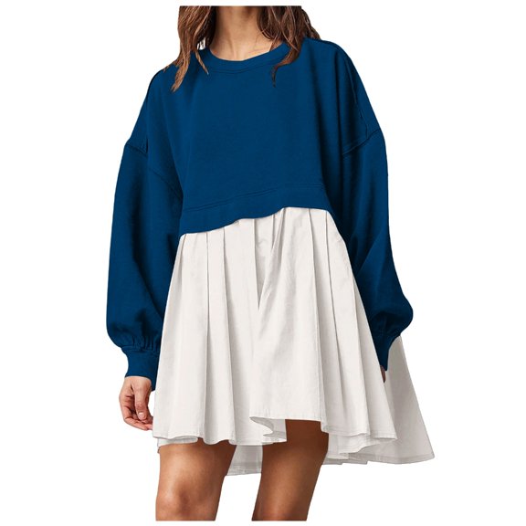 Aellinatey Women Sweatshirts Dress Oversized Long Sleeve Patchwork Casual Loose Pleated Pullover Dress Outfits