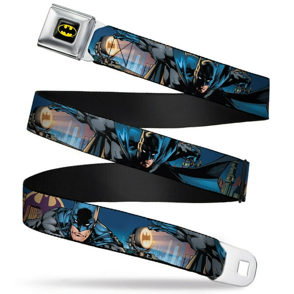 DC Comics Belt, Seatbelt Buckle Belt, Batman Action Poses Bat Signal Spotlight Skyline, 34 to 52 Inches