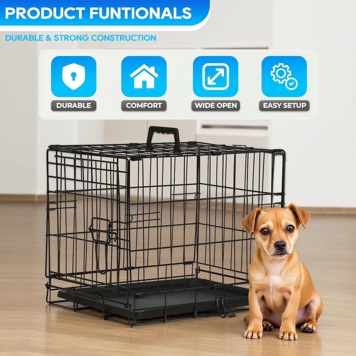 FDW 18 inch Foldable Metal Dog Crate for Small Dogs, Double Door, Divider, Removable Tray(Black)