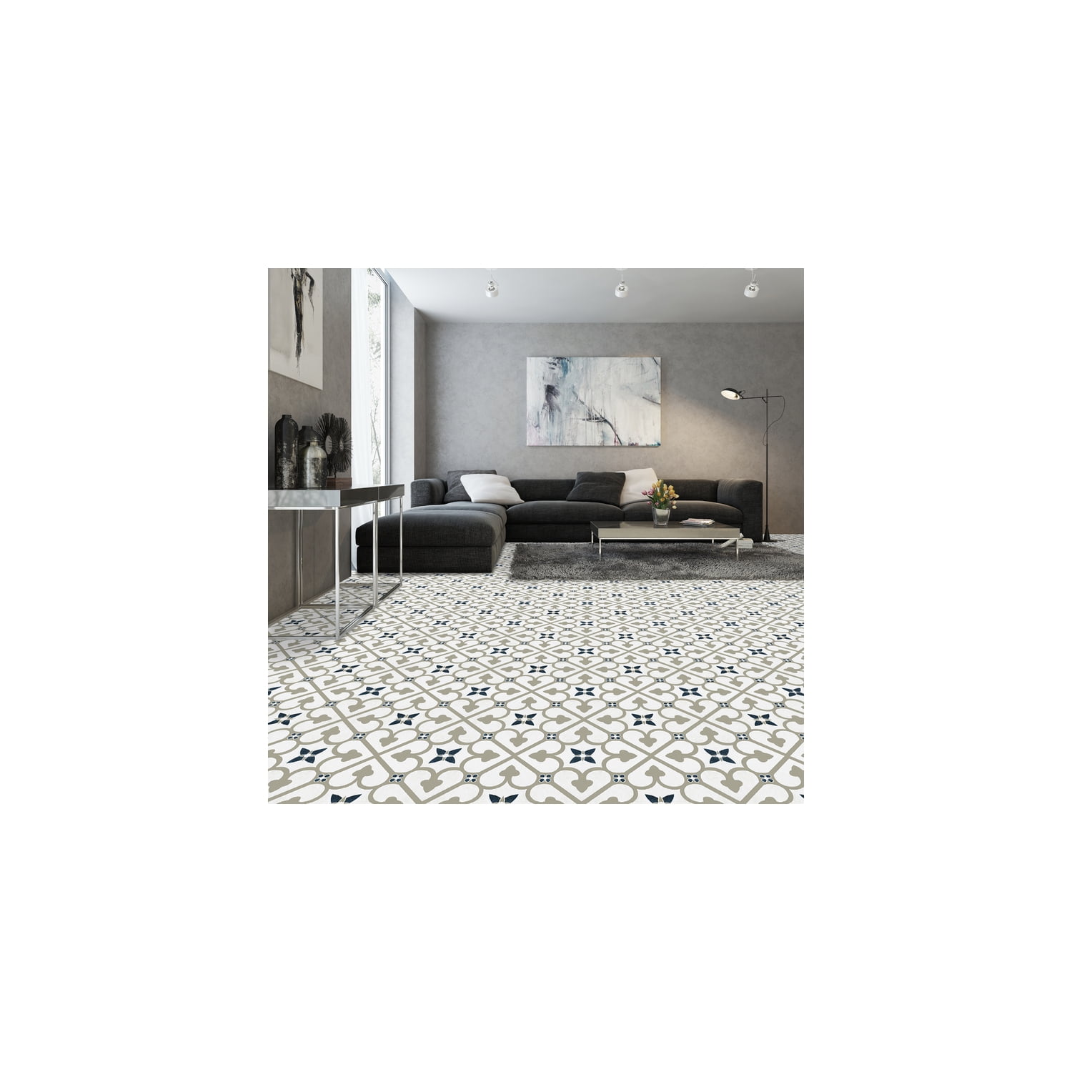 HomeStock Lakefront Luxury 12x12 Self Adhesive Vinyl Floor Tile - Clover - 20 Tiles/20 sq. ft. - Easy DIY Installation, Hand-Painted Tile Imitation, Blue/Grey Design