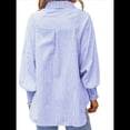 thumbnail image 3 of Blusa Estilo Boyfriend A Rayas con Puños Fruncidos para Mujer, Estilo Túnica Informal con Mangas con Volantes y Bolsillos, Rayas Azules, Talla XL, 3 of 7
