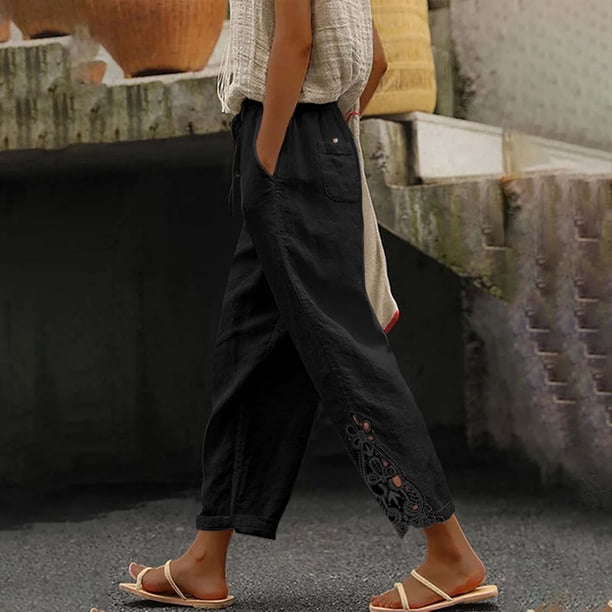 WILLBEST Pantalones Casuales elegantes para Mujer para Uso Diario: Pantalones de Moda de Color Sólido con Encaje, Cintura Alta, Bolsillo con Cordón, Largo 9/10 Chica