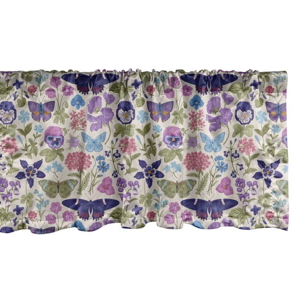 Ambesonne Floral Window Valance, Butterfly Pansy Flower Leaf, 54" X 12", Pale Tan and Multicolor