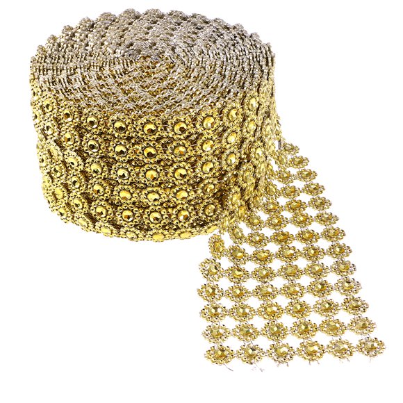 crystal mesh wrap 10 Yard Diamond Flower Shape Mesh Wrap Roll Faux Rhinestone Crystal Ribbon for Birthday Bridal Shower Wedding Cake Vase Decorations Party Supplies (Golden)