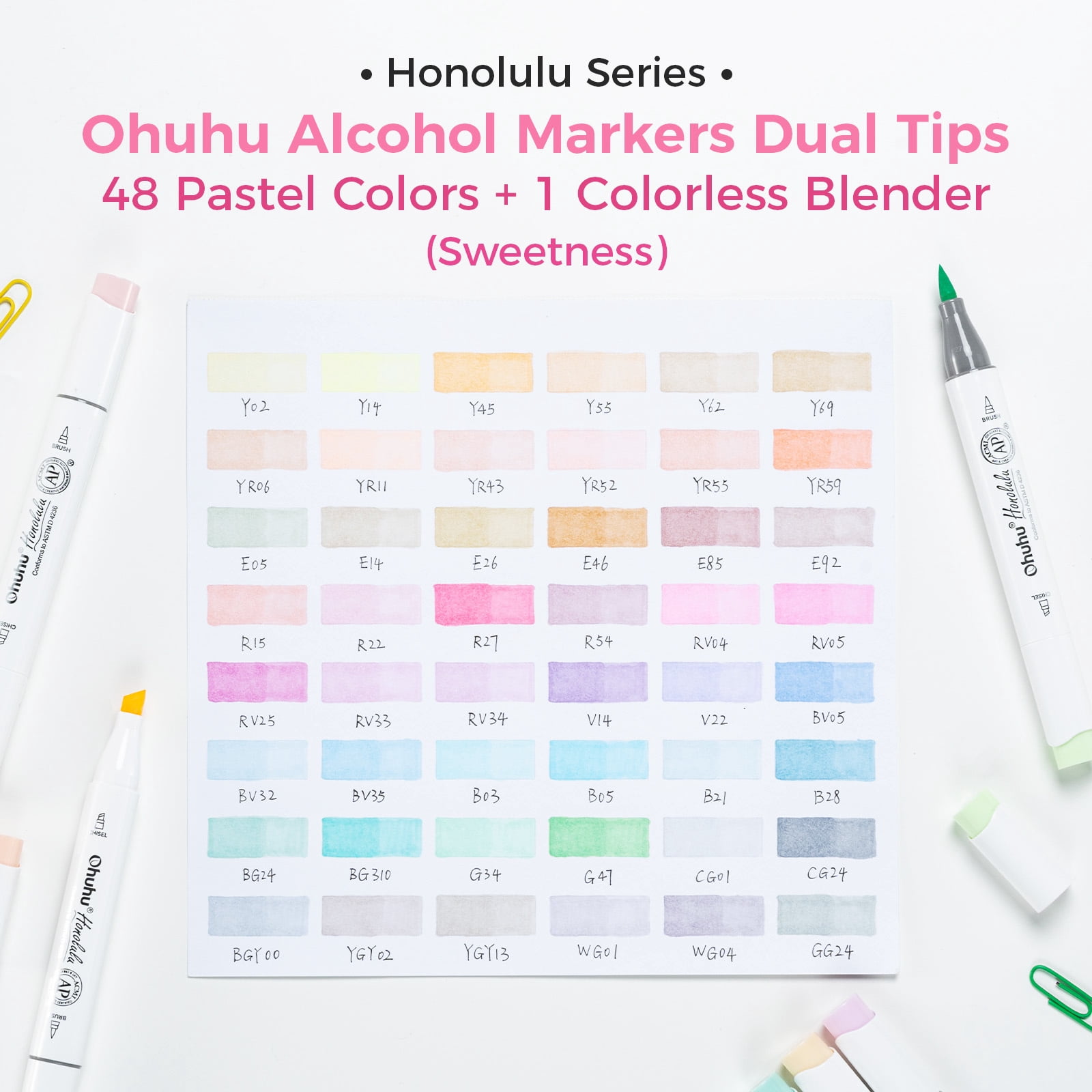 Ohuhu 48 Pastel Colors Brush & Chisel Alcohol-Based Markers + 1 Colorless Blender for Artist Adults' Coloring-Unique Packaging