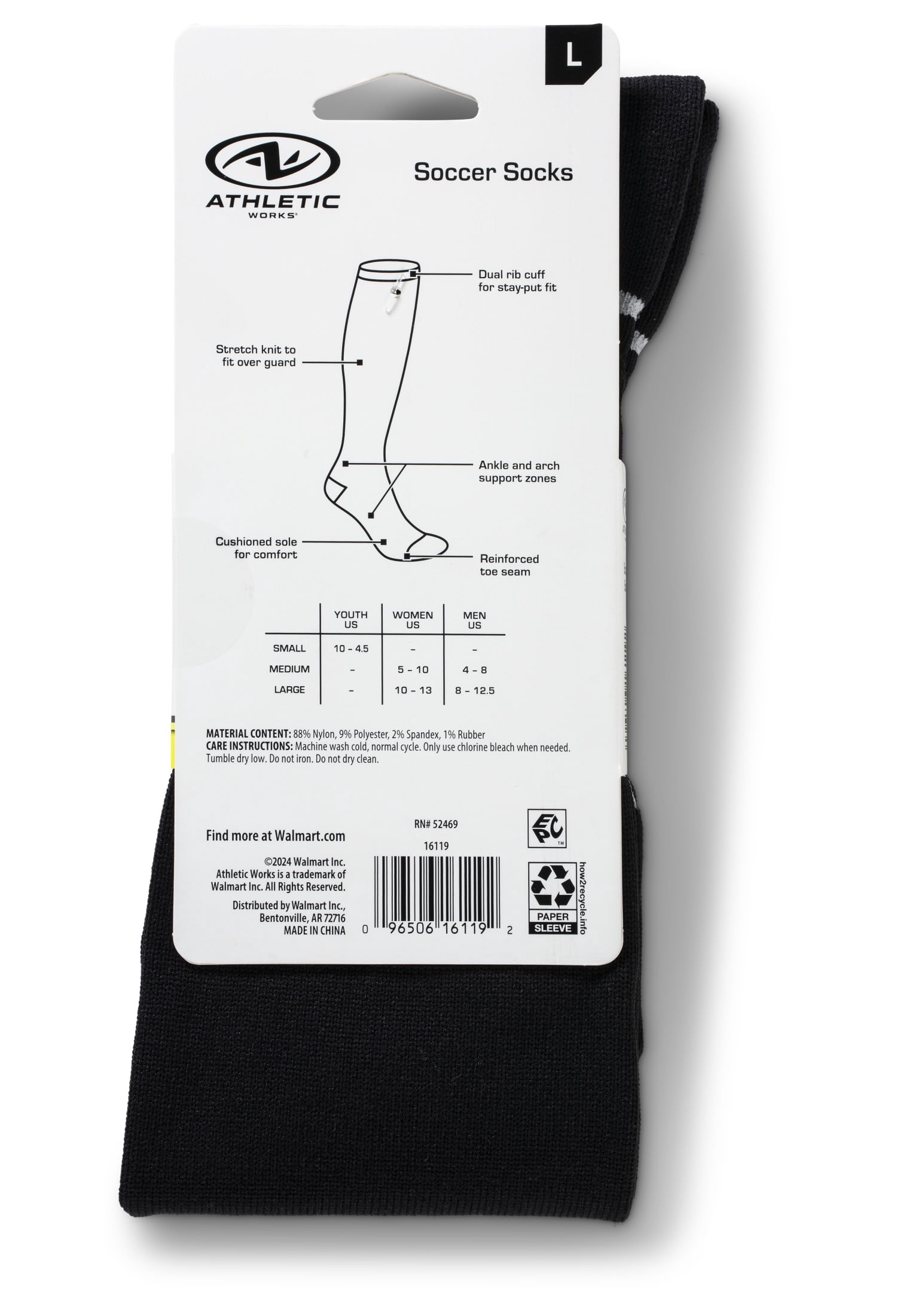 (2 pack) Athletics Works Soccer Socks, Black Unisex Large, Men's 8-12.5, 1 pair