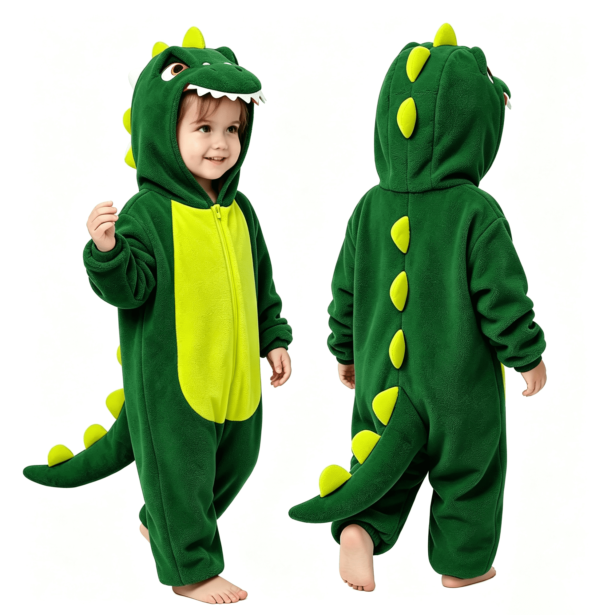 Joyfy Dinosaur Costume for Baby Toddler, Plush Hooded Romper Green DinosaurJumpsuit Pajama for Halloween Dress Up Party Ages 3-4