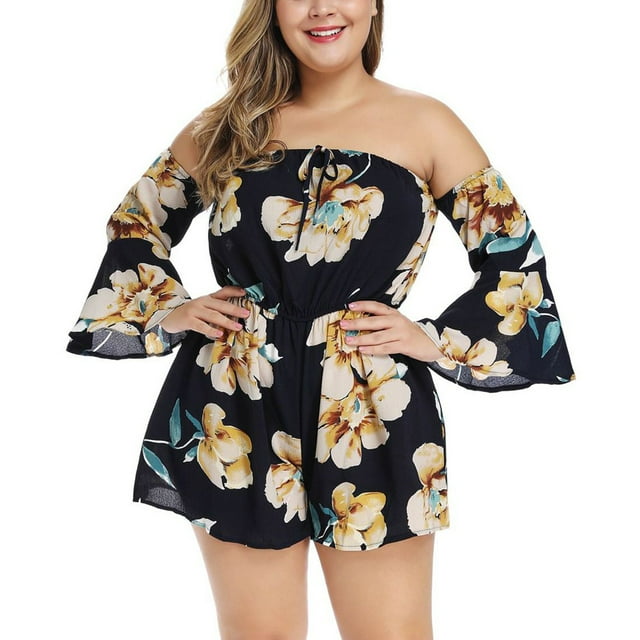 Rompers Aqestyerly Women Plus Size Casual Strapless Printing Loose Bandage Rompers Shorts HWRETIE