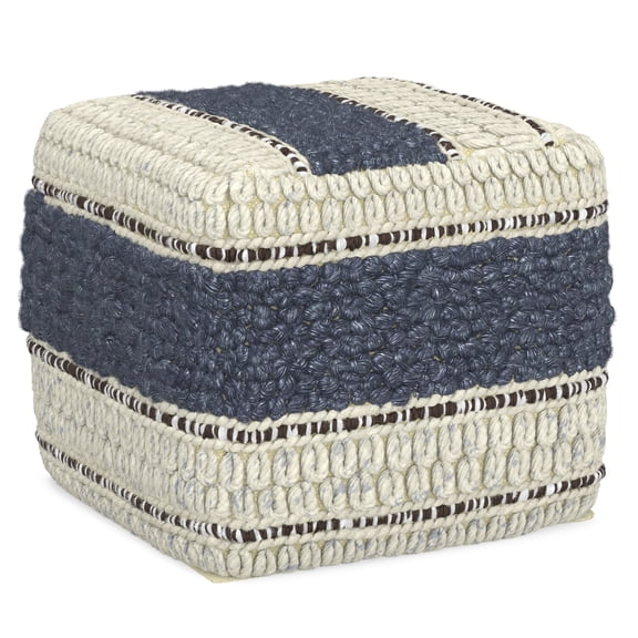 Simpli Home Grady 18 inch Wide Contemporary Square Pouf in Blue and Natural Handloom Wool and Cotton