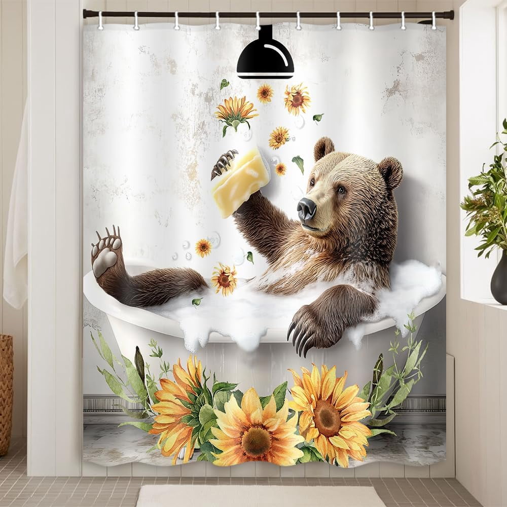 Funny Bear Shower Curtain Set, Brown Bear Animal Sunflower Flower Plant Bathtub Bathroom Shower Curtain,Polyester Fabric with Plastic Hooks, 72X72in