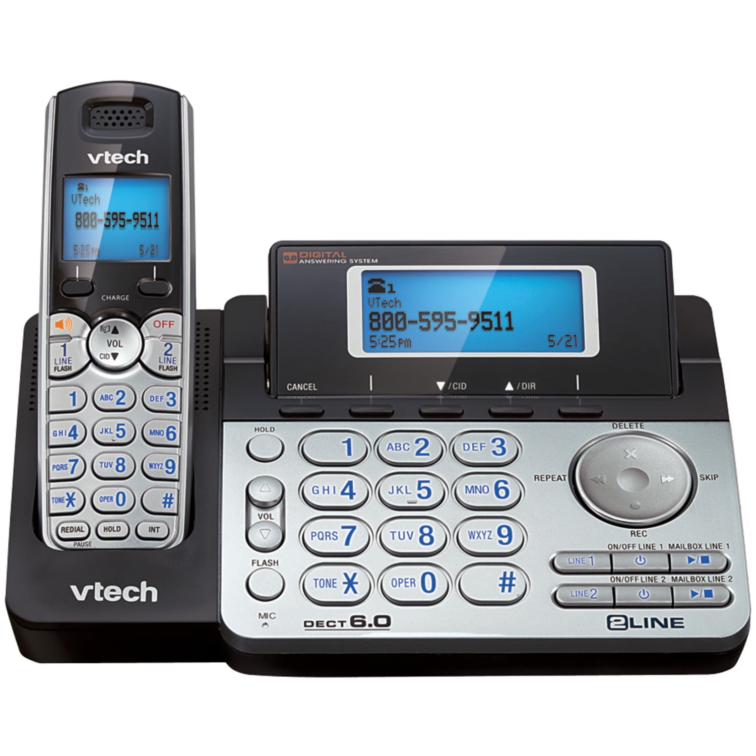 VTech 2-Line 1-Handset DECT 6.0 Expandable Cordless Phone System for Landline, Dual Digital Answering System, Speakerphone, and Dual Keypad
