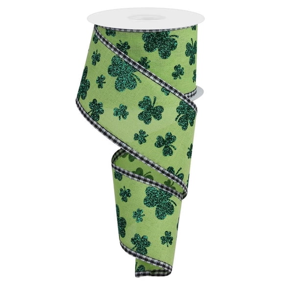 Glitter Shamrocks Gingham Edge Ribbon - 2 1/2" x 10 Yards, Wired Edge, St. Patrick's Day, St.Paddy's, Earth Day, Kiss Me I'm Irish, Wreath, Garland, Swag, Lucky
