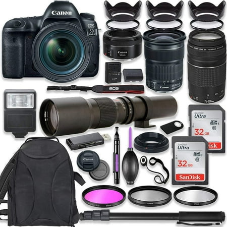 Canon EOS 5D Mark IV DSLR Camera w/ 24-105mm STM Lens Bundle + Canon EF 75-300mm III Lens, Canon 50mm f/1.8 and 500mm Preset Lens + Deluxe Backpack + 64GB Memory + Monopod + Professional Bundle