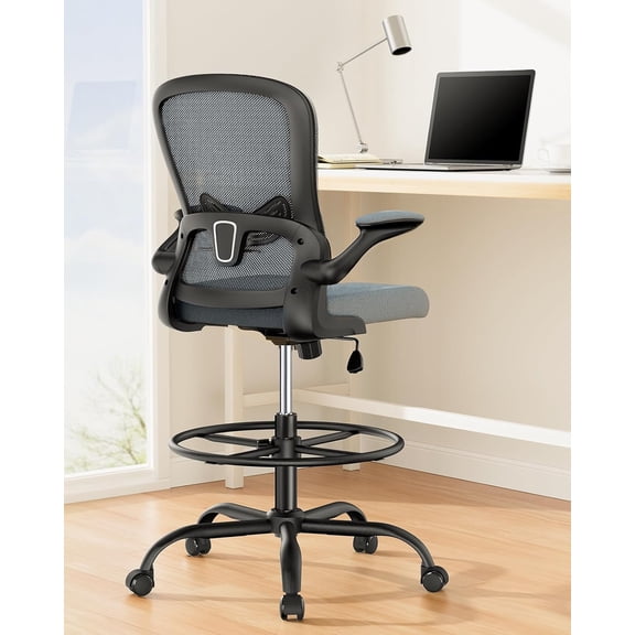 Drafting Chair,Tall Office Chair with Flip-Up Armrests, High Desk Chair Adjustable Height and Adjustable Footrest Ring,  Standing Desk Chair with  Support, Blue