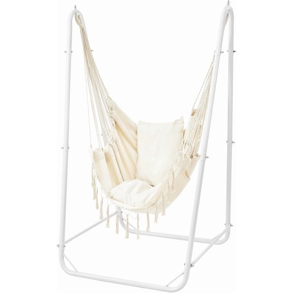 Hammock Chair with Stand, Heavy-Duty Steel Hammock Stand for Indoor & Outdoor Use, Solid Support & Stable Base, 220 lbs Capacity, U-Shaped Design, Easy Assembly, Hammock Chair Included - White