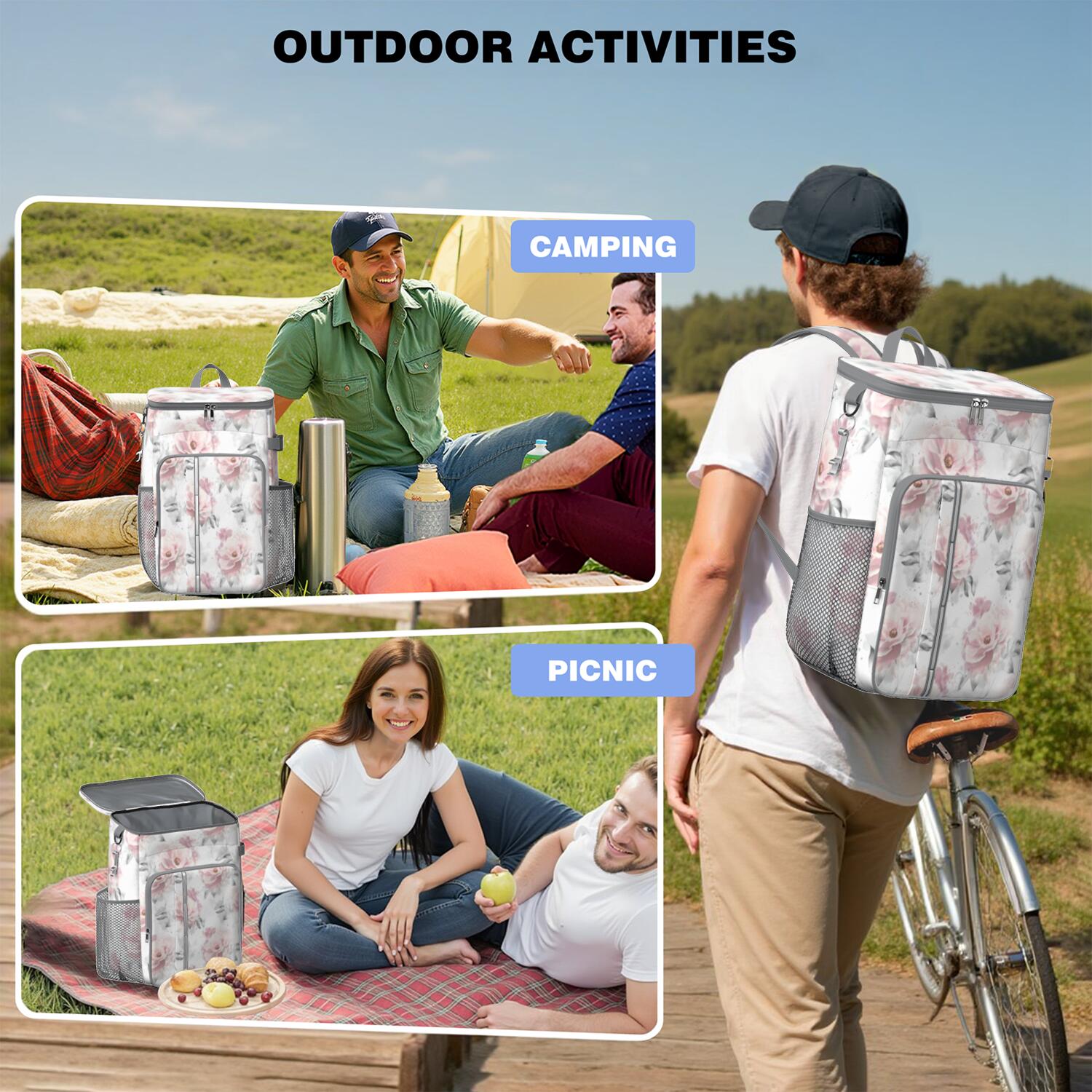 Travel Cooler Bag - Pioneer Flower Floral Print Pattern Camping Beer Cooler Backpack with Bottle Opener- Waterproof Insulated Picnic Backpacks - Cooler Bag for Beach
