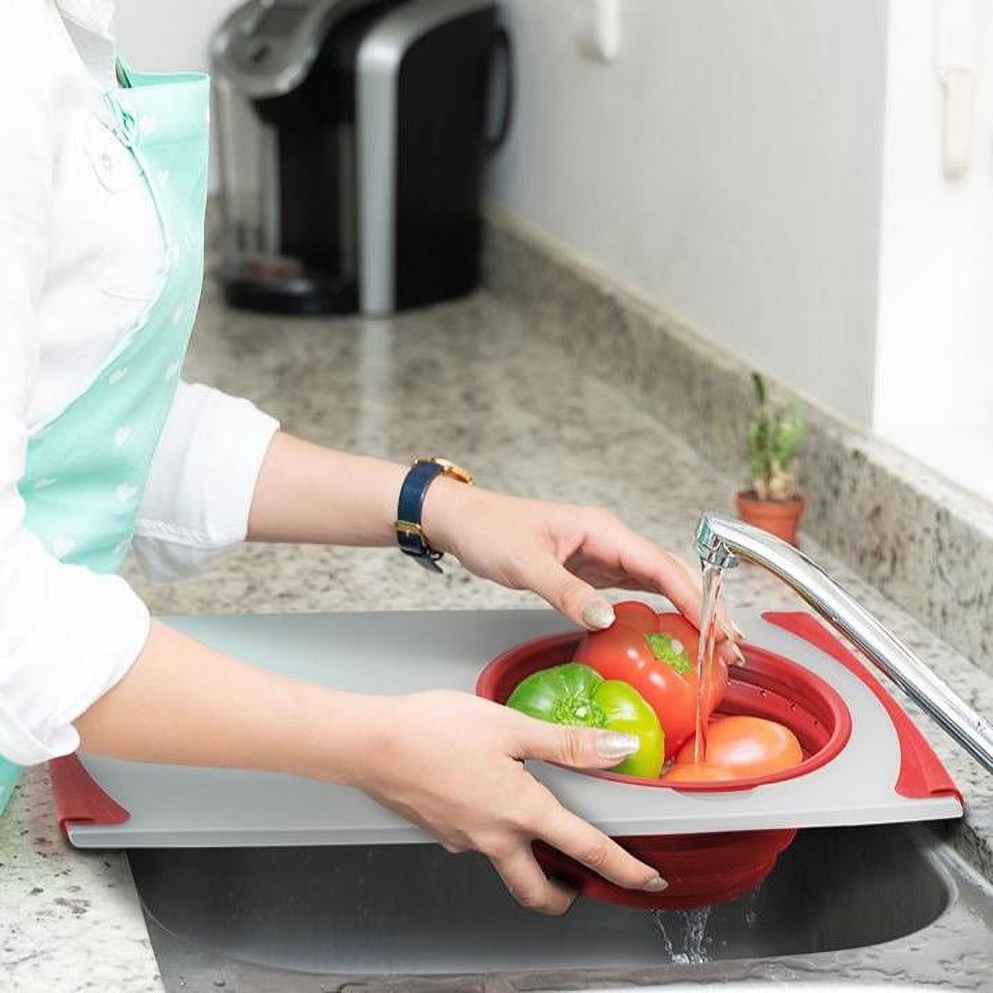 Domestify Plastic over-The-Sink Cutting Board Removable Collapsible Strainer - Red -19.5"x11.5"