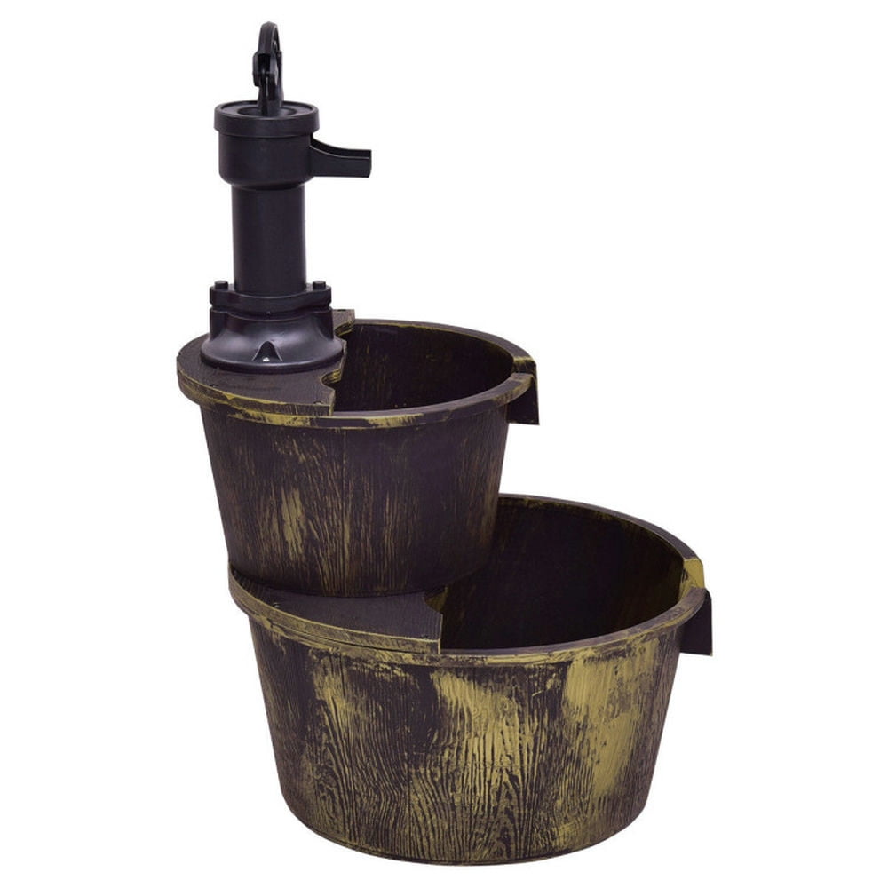 GVN 2 Tiers Outdoor Barrel Waterfall Fountain with Pump