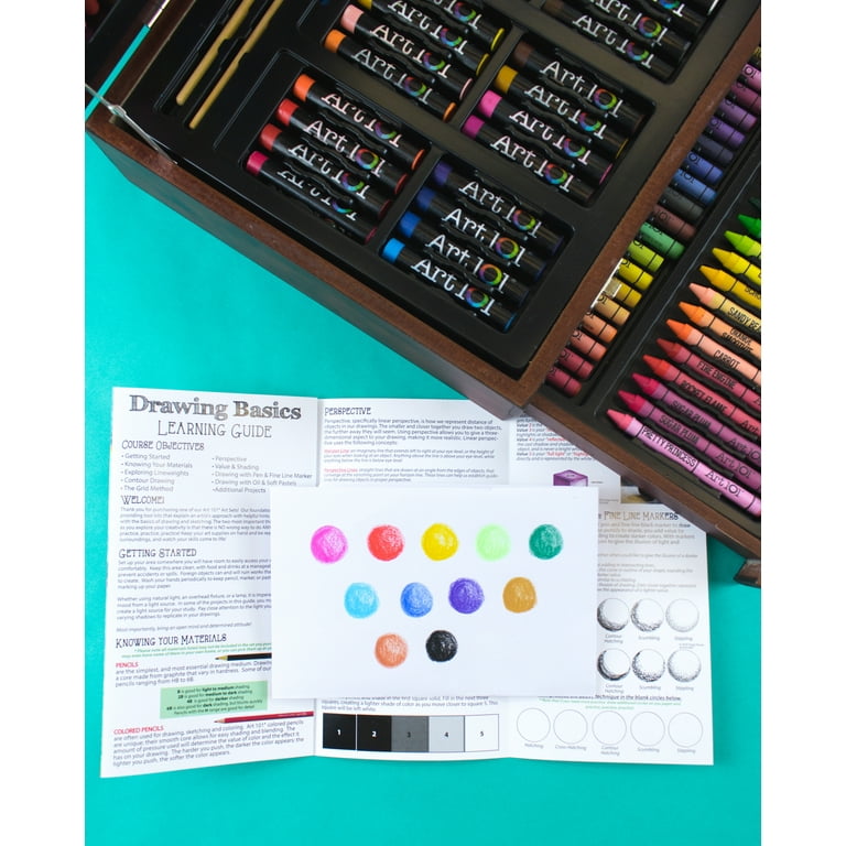 Art 101 USA Deluxe Art Set with 119 Pieces in a Wood Organizer Case,  Includes Color Pencils, Paints, brushes and palettes, Learning guides,  Portable