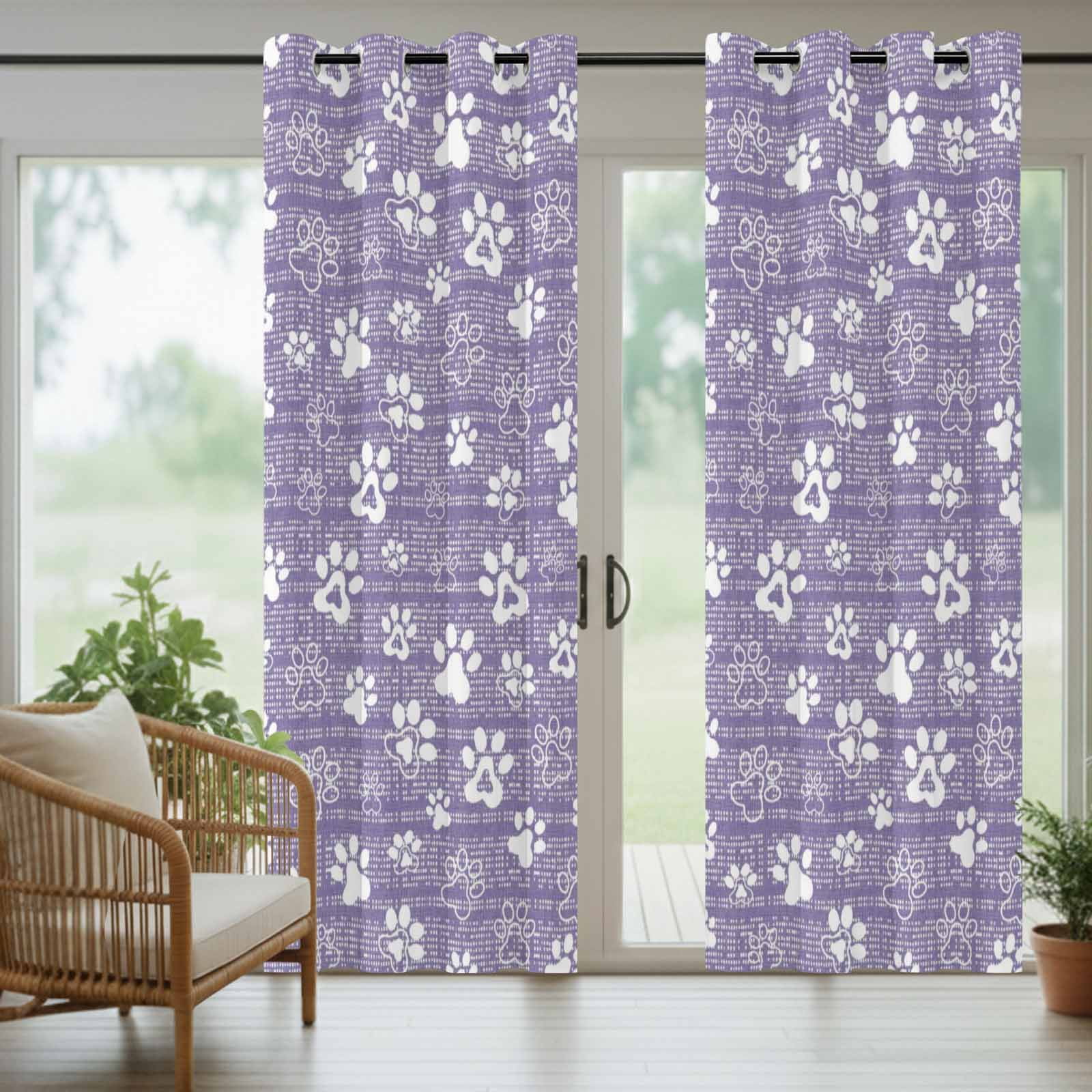 Purple Paw Print Outdoor Curtains for Patio, Modern Classic Purple White Animal Large Paw Pattern Plaid Sunshade Privacy Drapes Grommet Waterproof Outside Curtains for Porch Balcony 54"x108", 1 Panel
