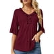 thumbnail image 1 of Camiseta de media manga con ribete de volantes para mujer, cuello en V, informal, holgada, elegante, elegante, de verano, color rojo vino S, 1 of 2