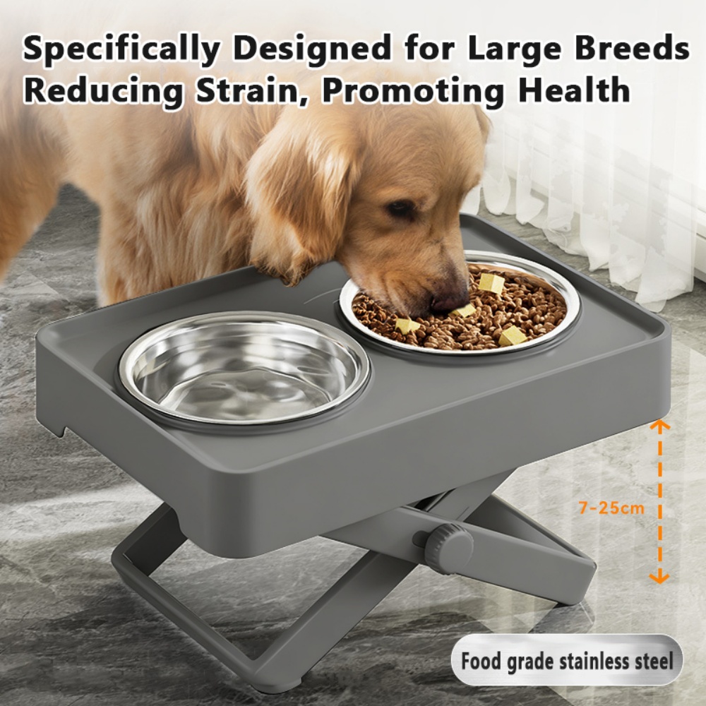 Adjustable Elevated Dog Feeding Station (7-25cm Height), Food-Grade Stainless Steel Bowls, Tip/Spill-Proof, Black/Gray, 1 Set