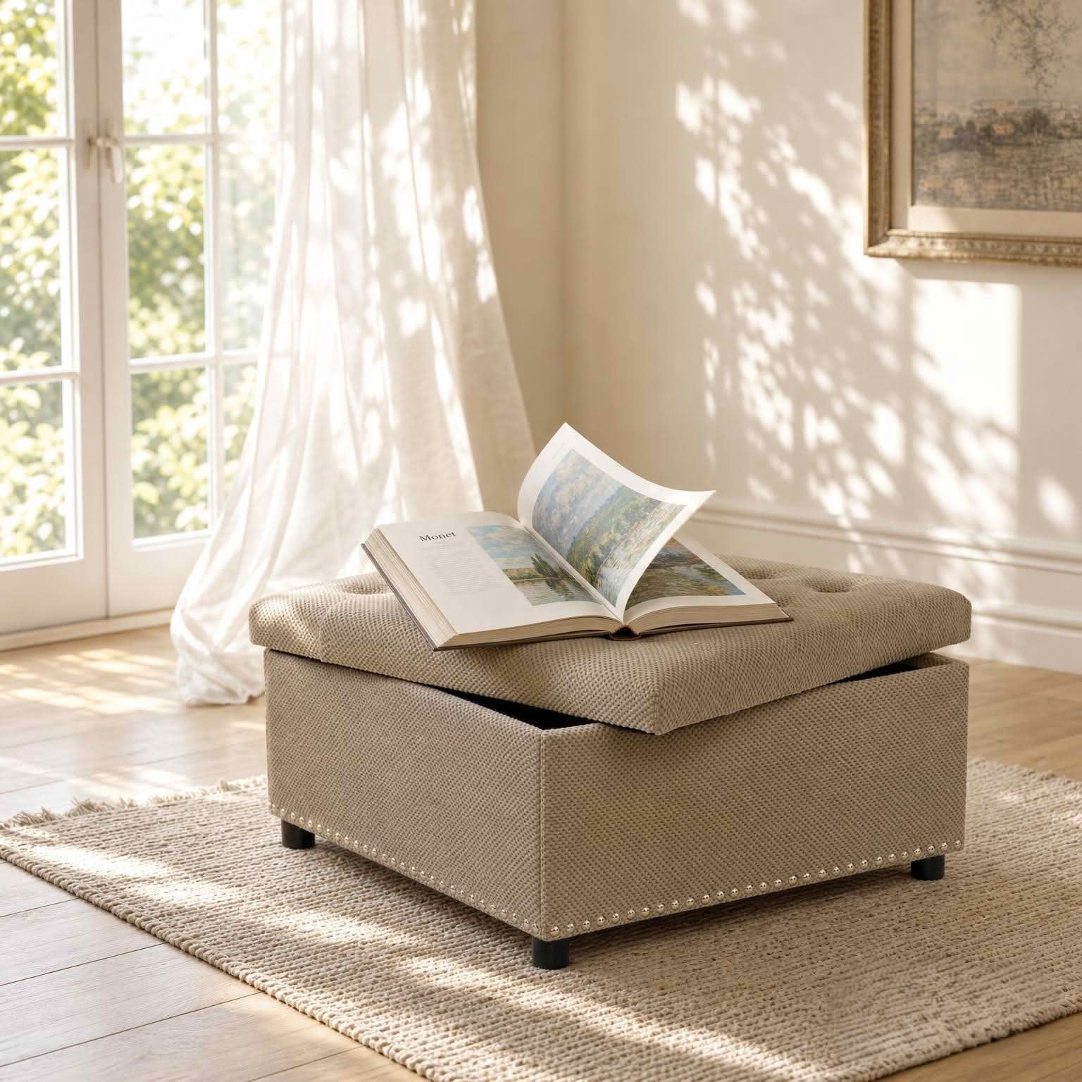 MAYEERTY 30 In Storage Ottoman, Tufted Footstool, Nailhead Trim, Square Ottoman, Camel