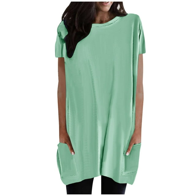 Hauts d'Été pour Femmes Manches Courtes Décontractées Col Rond T-Shirts avec Poches Coupe Ample Confortable Blouses Tuniques de Printemps