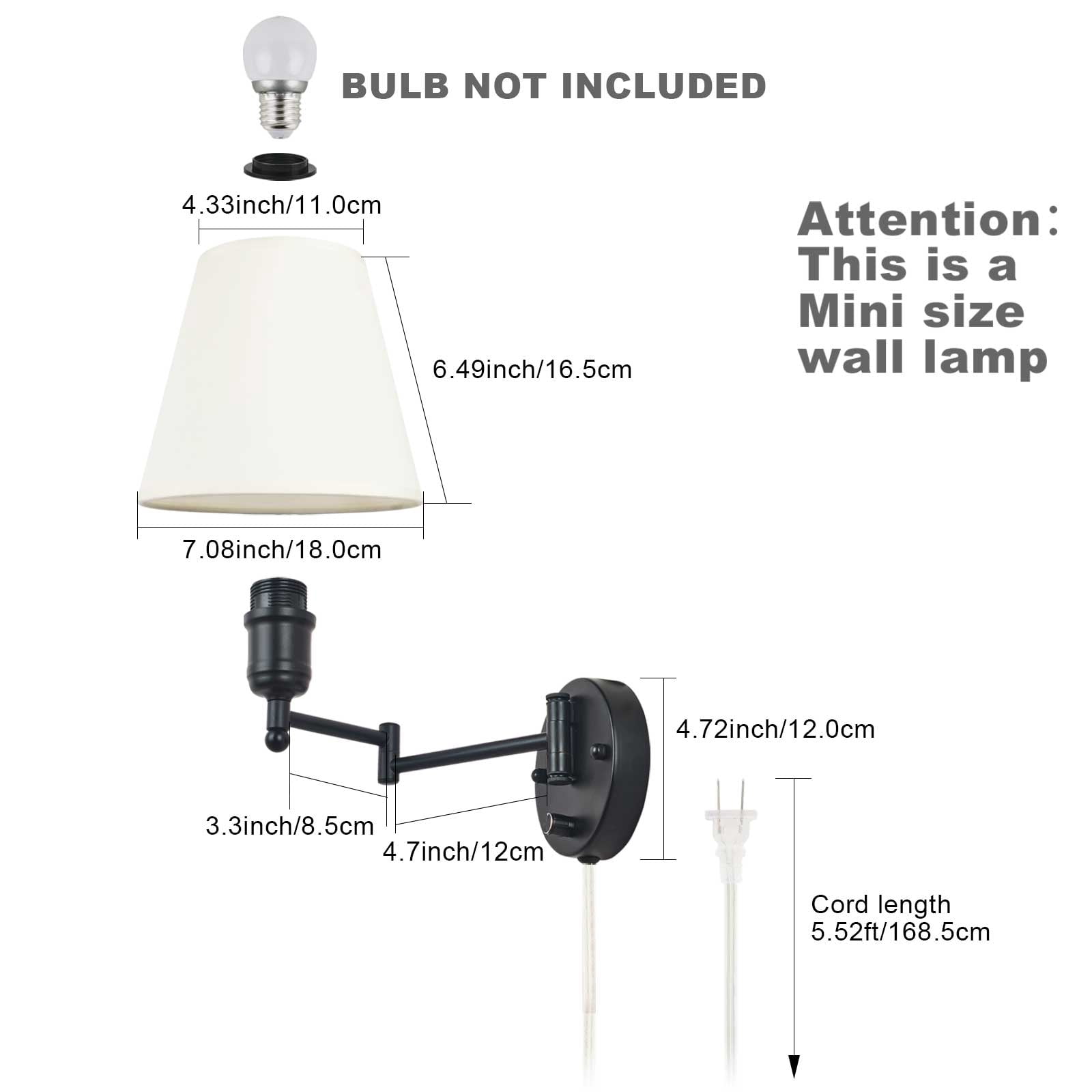 Swing Arm Wall Lamp Plug in Wall Mount Opaque Ivory Linen Shade 40W 2-Way Cord Covers(1 Light)