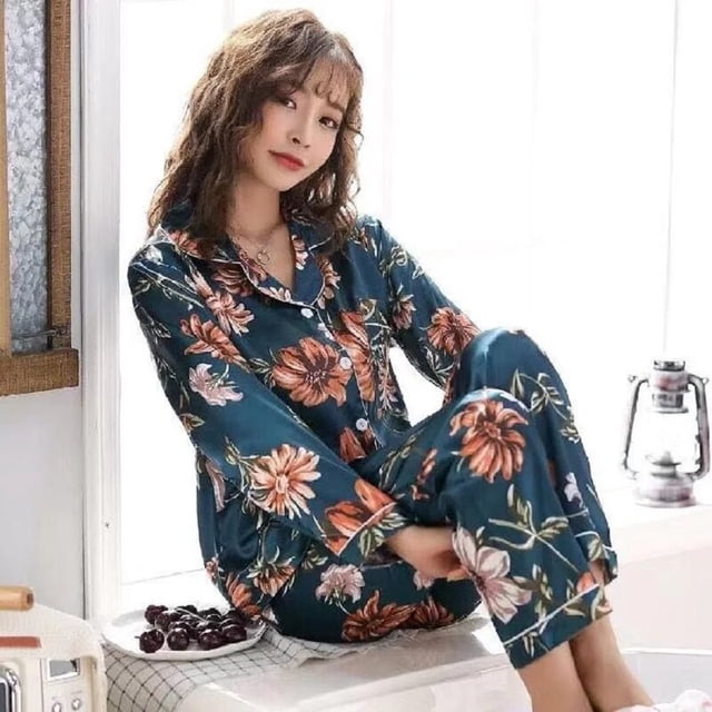 Pijama de seda de hielo de manga larga para mujer, conjunto de ropa de dormir grande y holgada para el hogar, primavera y otoño