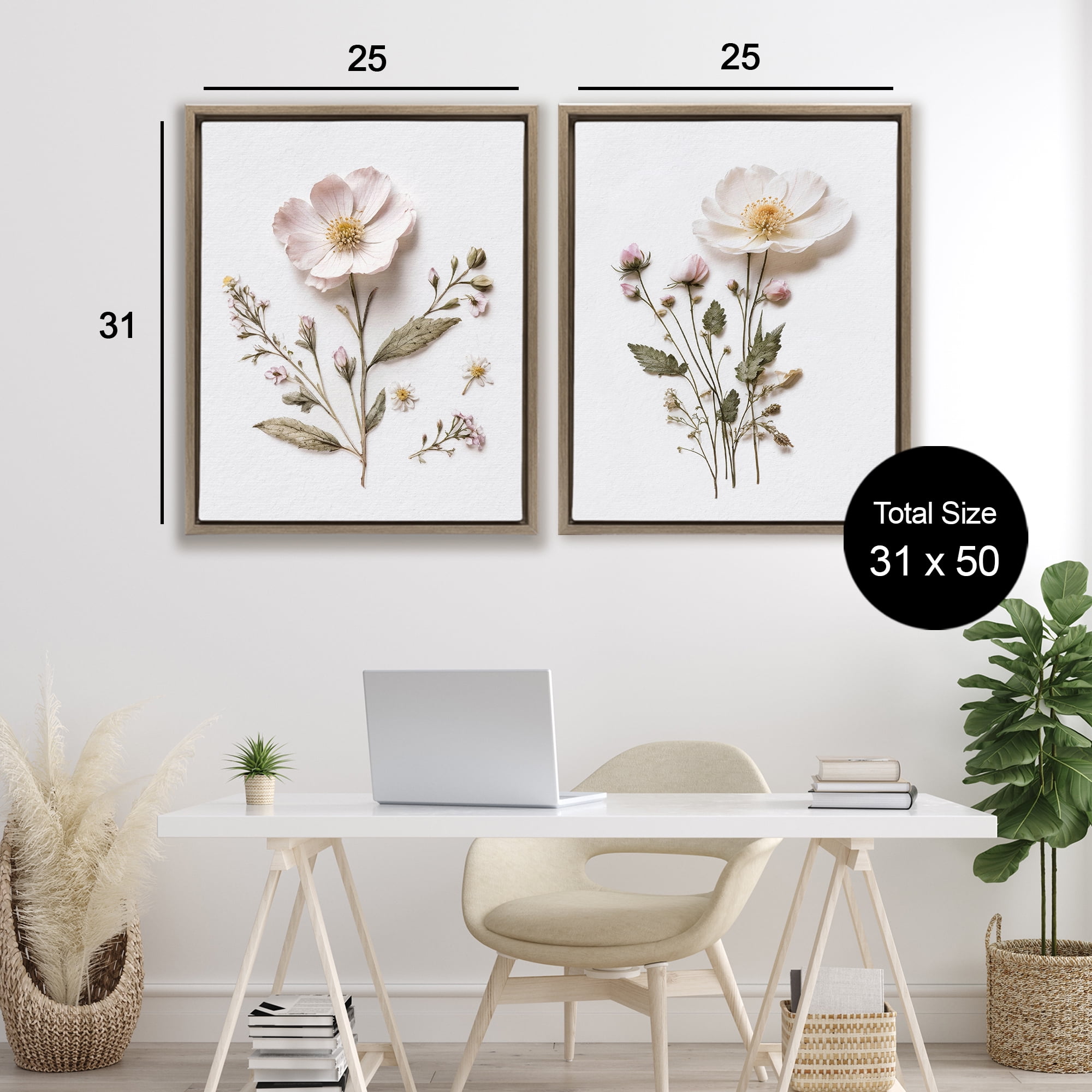 Minimal Pressed Flowers 2 Piece Brown Framed Floater Canvas Set, design by Lettered and Lined