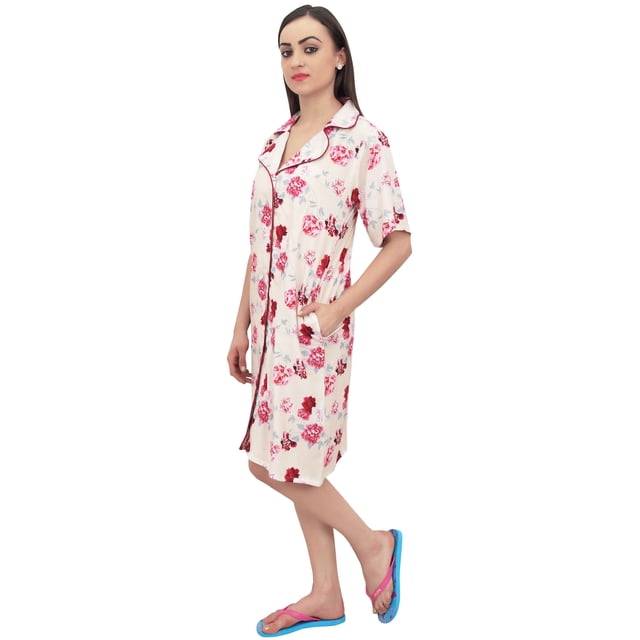 Bimba Chemise de Nuit à Manches Courtes Imprimé Floral Pêche avec Poches - 24