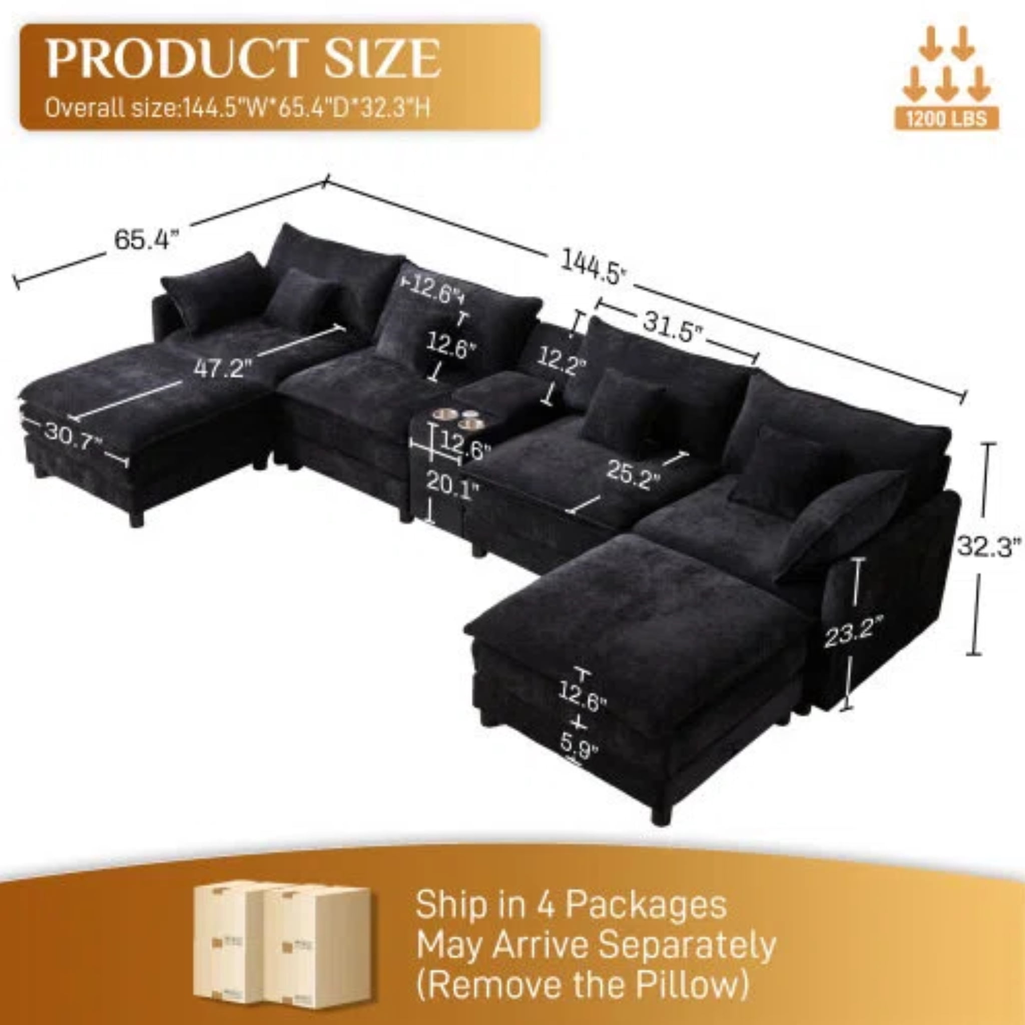 Aisword 145" U Shaped Cloud Couch Sectional with USB Charging, Hidden Storage, Cup Holders & Chenille Double Chaise, Black