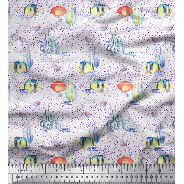 Soimoi Purple Rayon Fabric Fish & Octopus Ocean Fabric Prints By Yard 58 Inch Wide