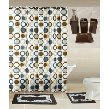 Luxury Bathroom accessories set package includes: 2 rugs mat non slip, 1 shower curtain with 12 hooks and 4 piece ceramic accesories print design sami brown