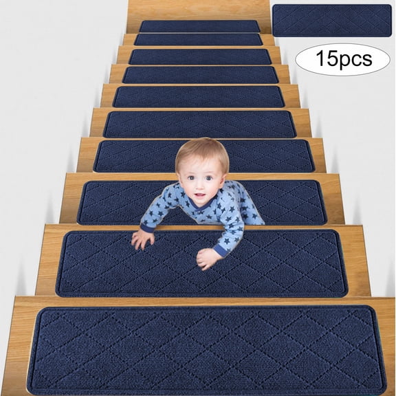 Clearance 15pcs 30" x 8" Non Slip Stair Treads for Indoor Wooden Steps Anti Slip Carpet Stair Runner Reusable and Stick Carpet Covers for Kids,Elderly and Pets Grey Leaves (Navy)