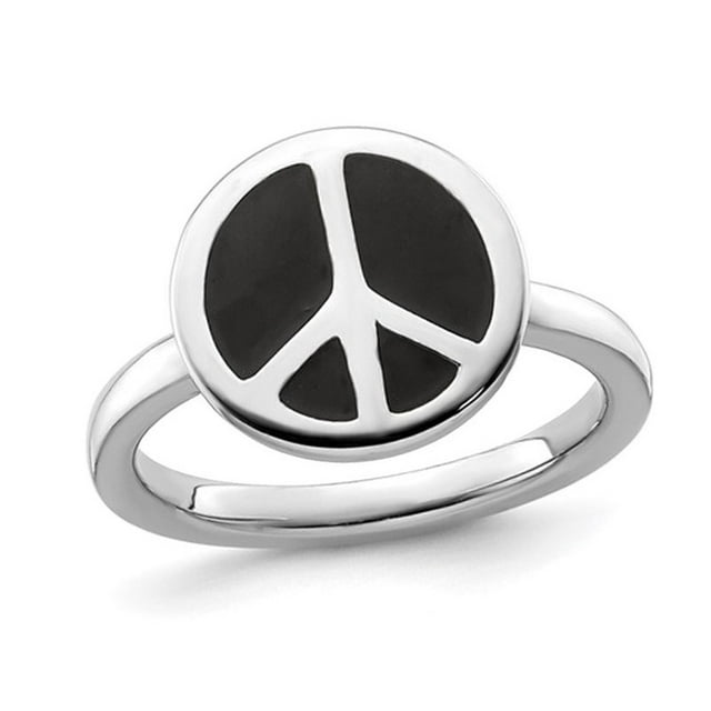 Black Enamel Peace Sign Ring in Sterling Silver