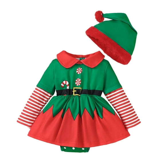 QHFBli Toddler Baby Girls Christmas Outfits Long Sleeve Print Elf Romper Xmas Dresses Fall Winter Clothes