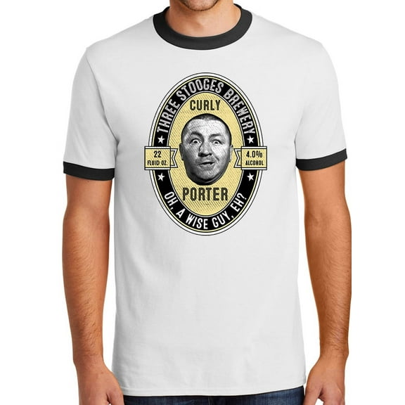 Mens Curly Porter Beer Three Stooges 100% Cotton Ringer Tee Shirt, Large White/Black