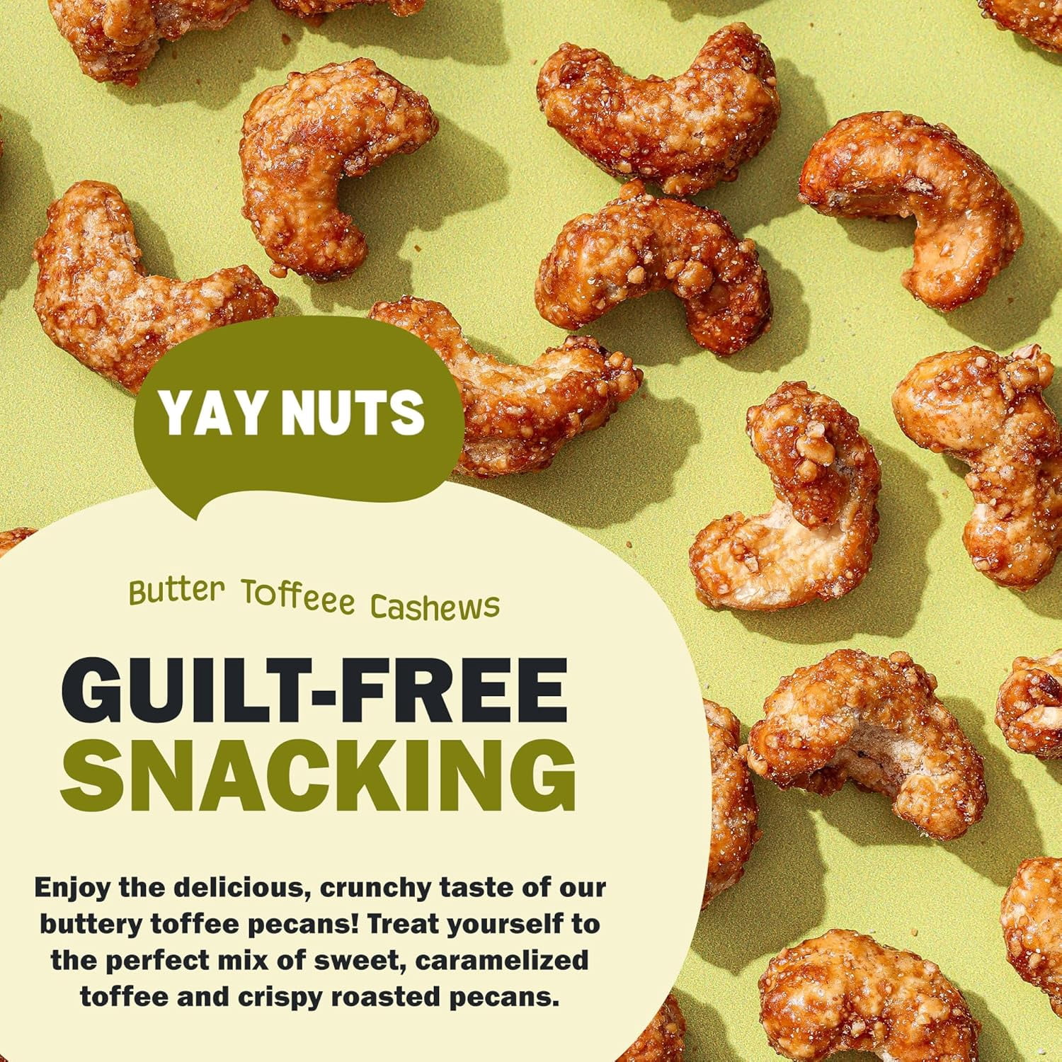 Yay Nuts Butter Toffee Cashews, Sweet and Crunchy Gourmet Snack, 1 lb Resealable Bag
