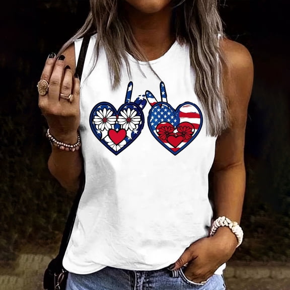 Mifsaly Womens Crewneck Sleeveless Tank Tops Cotton Graphic Summer Shirts Loose Fit Breathable Soft Casual Independence Day Vest Patriotic Heart Tops L