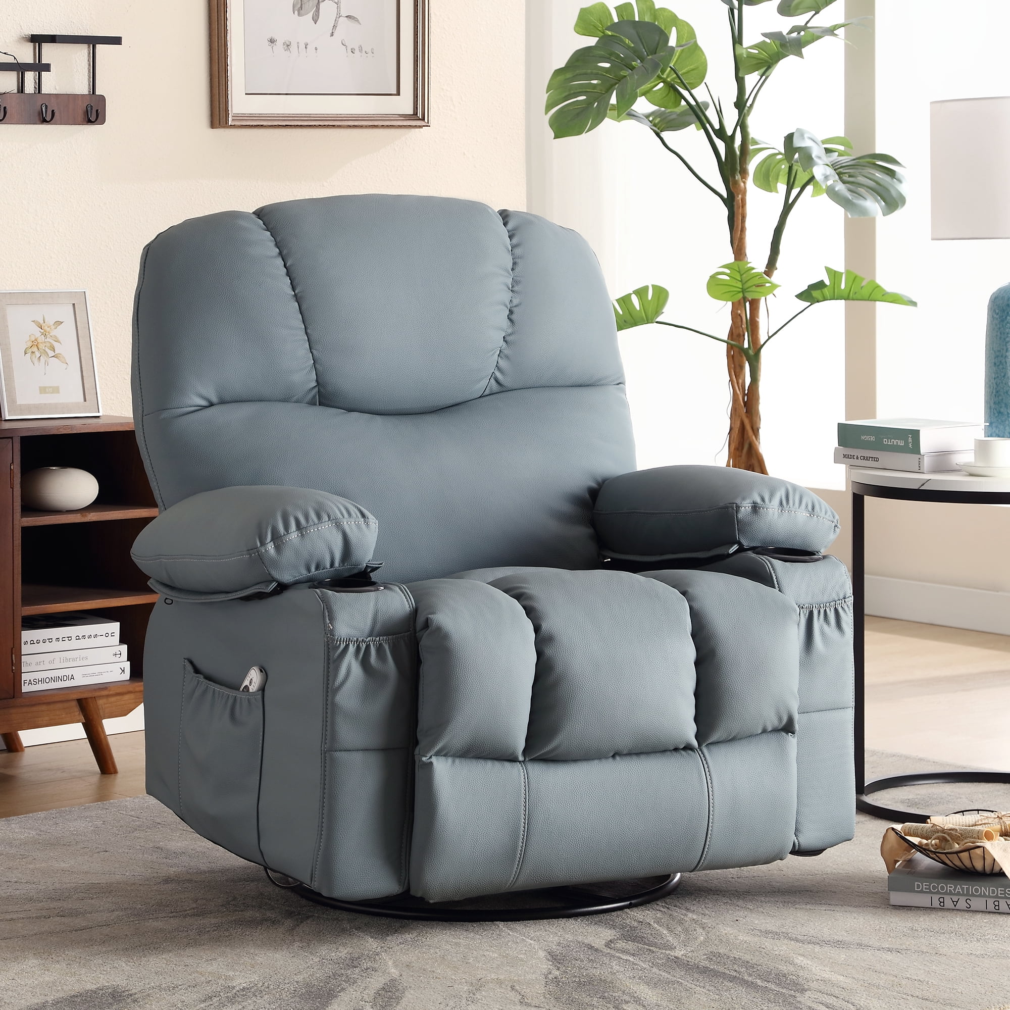 JONPONY Massage Rocker Recliner Chair with Vibration Massage and Heat for Living Room Swivel Recliner Chair with Rocking Function and 2 Cup Holders, Side Pocket, USB Charge Port,Beige