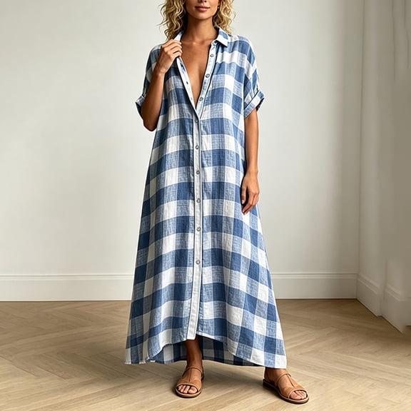 Morttic Women's Lapel Collar Short Sleeve Plaid Shirt Loose Button Front Long Dress Summer Beach Vacation Casual Outfit Sky Blue,S