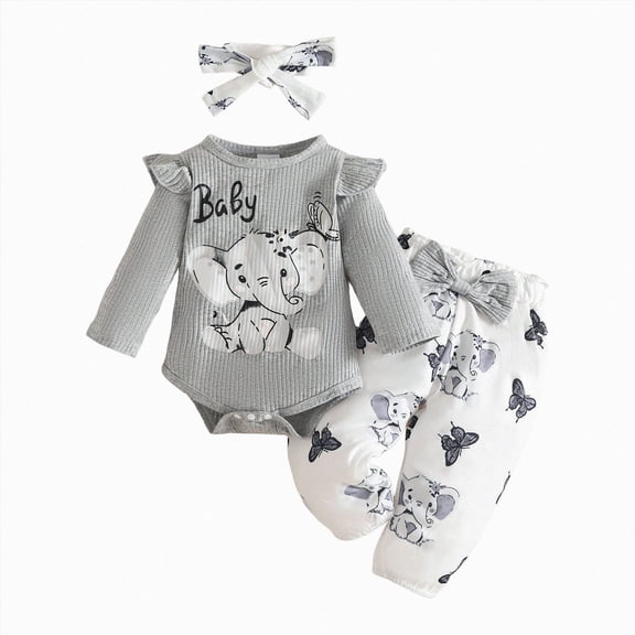 masbird Newborn Baby Girl Fall Winter Outfits Long Sleeve Romper Bell Bottom Pants Headband Clothes Set,Grey,12-18 M