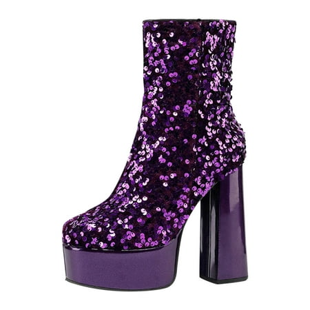DVKOVI Boots for Women Cowgirl Mid Calf Cowgirl Boots Women Ankle Boots Autumn and Winter Fashion Sequin Decoration Shiny Thick Heel Thick Platform Comfortable Shoes High Heel Boots Purple 40