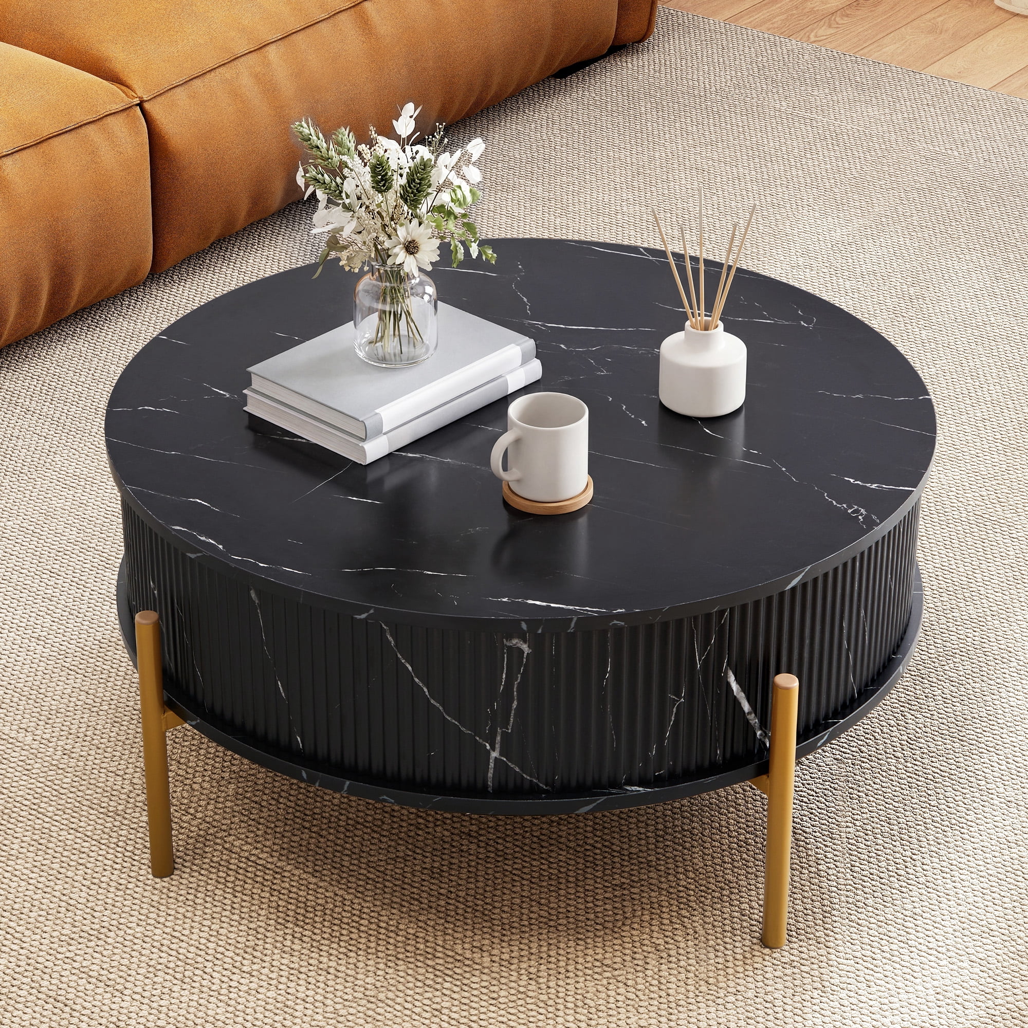YOCWO 31.5" Lift Top Coffee Table for Living Room with Wave Base, Mordern MDF Round Coffee Table for Apartment Small Space with Marble Veneer Finish, Black