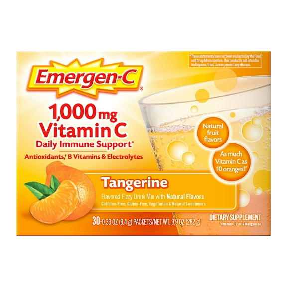 Emergen-C 1000mg Vitamin C Powder for Daily Immune Support with Zinc and Manganese, Tangerine, 30 Count