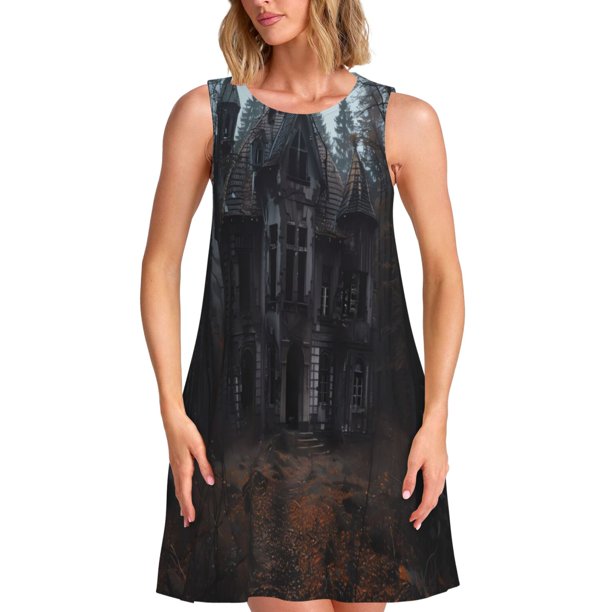 Easygdp Gloomy Mansion Forest Scene para Vestido Transpirable de Mujer, Vestido Suelto de Manga Corta con Pliegues y Bolsillos para el Verano